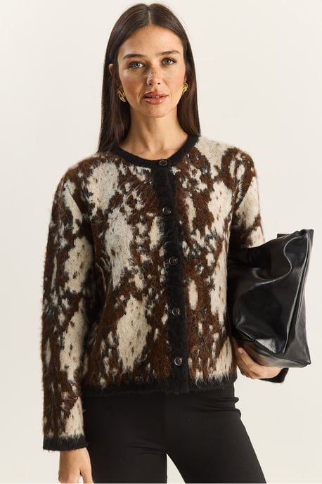 Jacquard-Muster Langarm-Button-Cardigan - Image 1