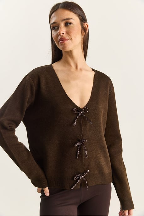 Knopf-Detaillierter Strick-V-Ausschnitt-Cardigan - Image 1