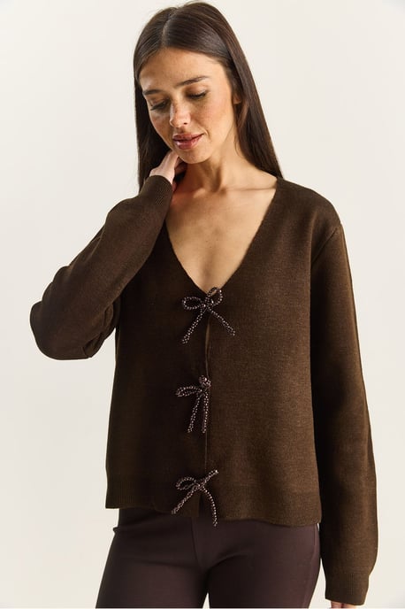 Knopf-Detaillierter Strick-V-Ausschnitt-Cardigan - Image 3