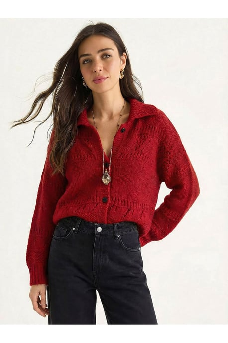 Strukturierter Polo-Kragen Knopf-Cardigan - Image 1