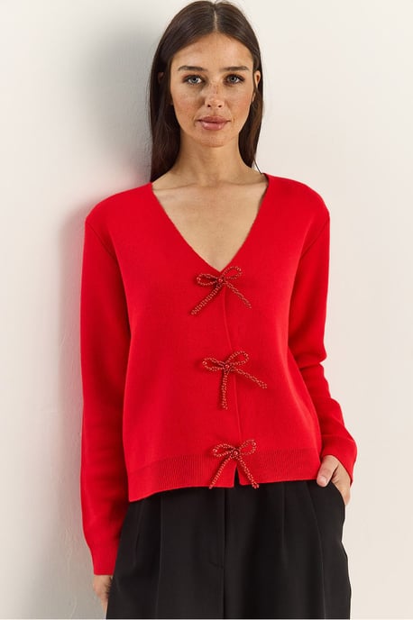 Knopf-Detaillierter Strick-V-Ausschnitt-Cardigan - Image 1