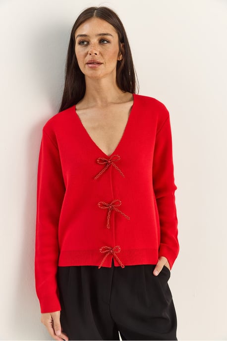 Knopf-Detaillierter Strick-V-Ausschnitt-Cardigan - Image 2
