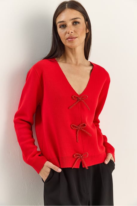 Knopf-Detaillierter Strick-V-Ausschnitt-Cardigan - Image 3