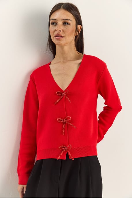 Knopf-Detaillierter Strick-V-Ausschnitt-Cardigan - Image 4