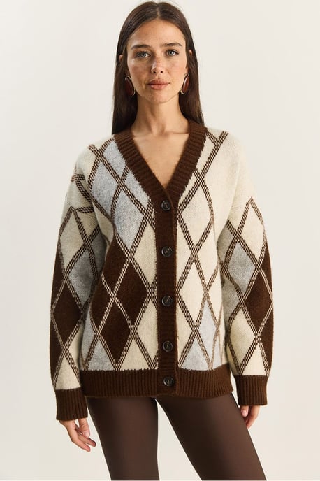 Dicker Jacquard-Strickcardigan mit V-Ausschnitt und Knopfverschluss - Image 1