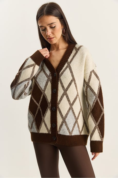 Dicker Jacquard-Strickcardigan mit V-Ausschnitt und Knopfverschluss - Image 2