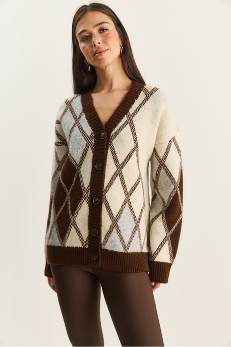 Dicker Jacquard-Strickcardigan mit V-Ausschnitt und Knopfverschluss - Image 3