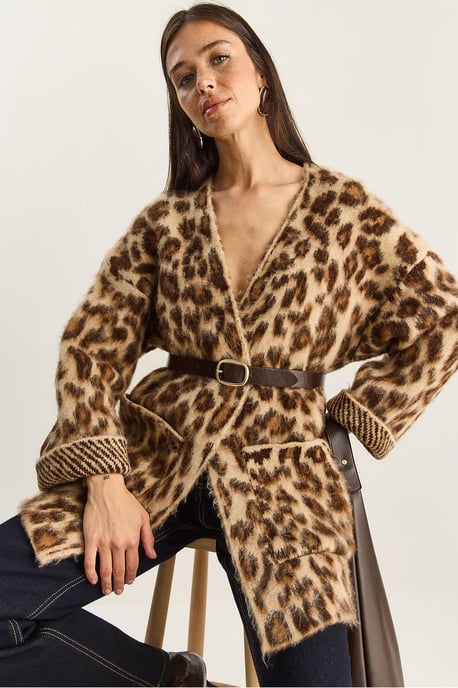 Oversized Langer Cardigan mit Leopardenmuster und Taschen - Image 1