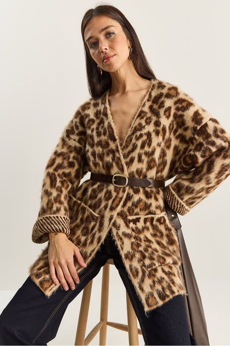 Oversized Langer Cardigan mit Leopardenmuster und Taschen - Image 2