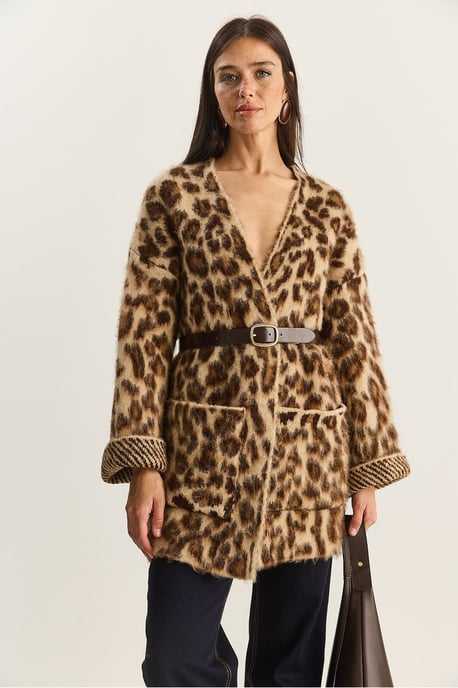 Oversized Langer Cardigan mit Leopardenmuster und Taschen - Image 3