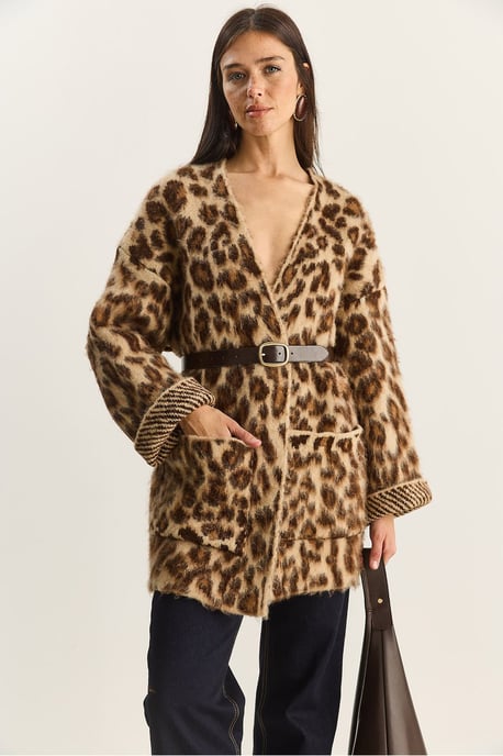 Oversized Langer Cardigan mit Leopardenmuster und Taschen - Image 4