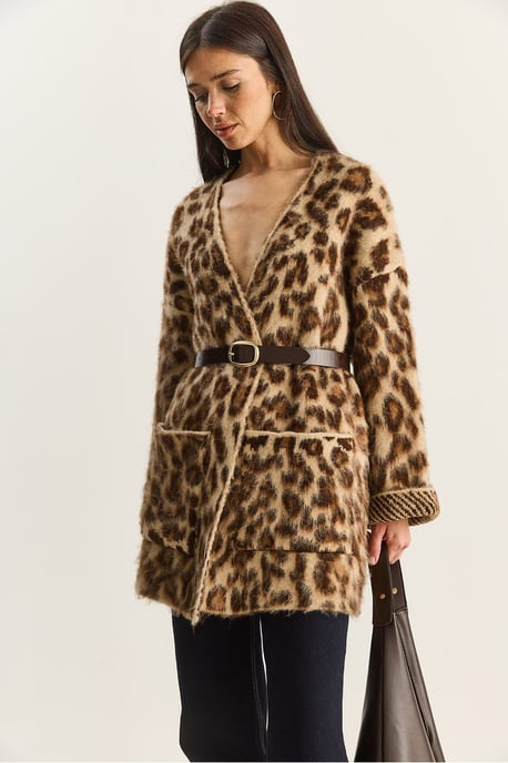 Oversized Langer Cardigan mit Leopardenmuster und Taschen - Image 5