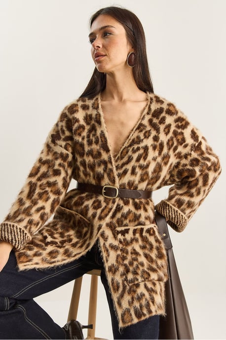 Oversized Langer Cardigan mit Leopardenmuster und Taschen - Image 6