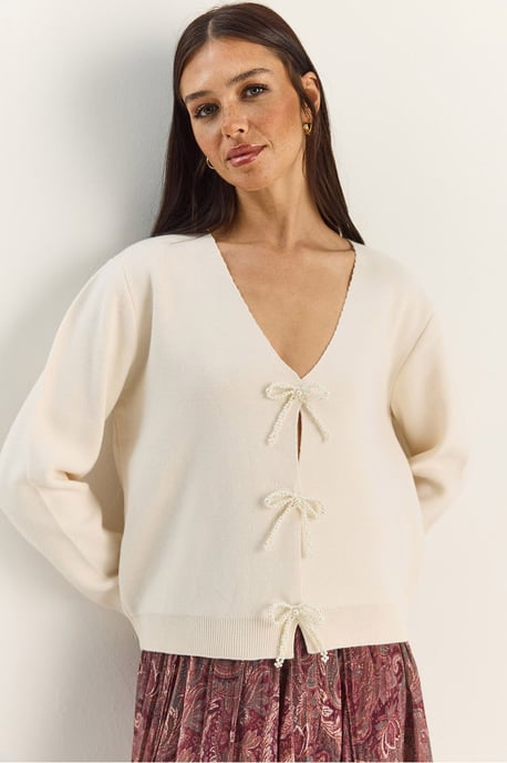 Knopf Detaillierter Strick V-Ausschnitt Cardigan - Image 1