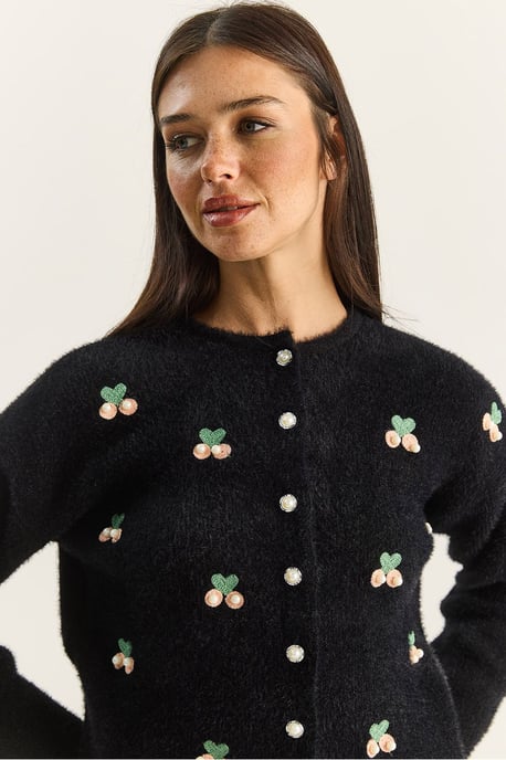 Bianco Lucci Bestickter Cardigan mit Knopfleiste - Schwarz - Image 1