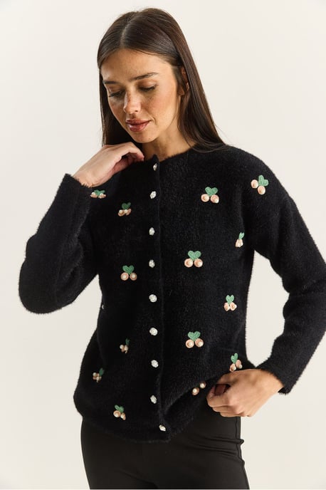 Bianco Lucci Bestickter Cardigan mit Knopfleiste - Schwarz - Image 3