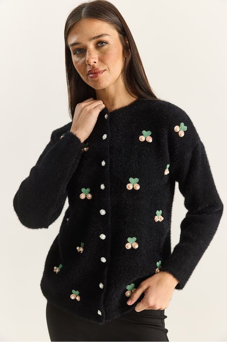 Bianco Lucci Bestickter Cardigan mit Knopfleiste - Schwarz - Image 4