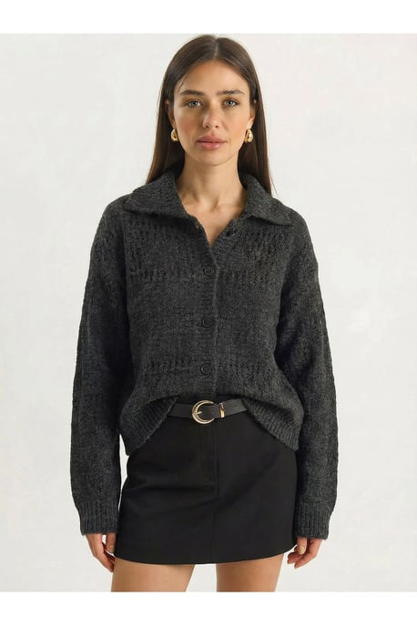Strukturierter Polo-Kragen Knopf-Cardigan - Image 1