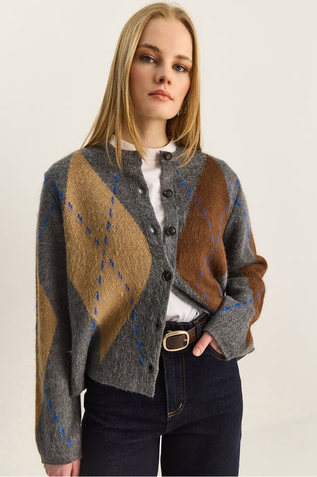 Rautenmuster Rundhals-Cardigan - Image 1