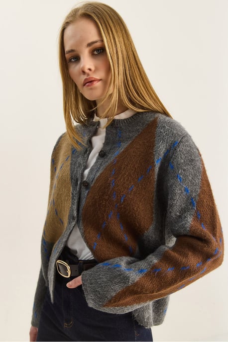 Rautenmuster Rundhals-Cardigan - Image 3