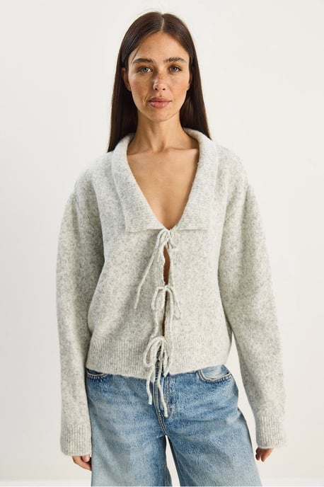 Übergroßer V-Ausschnitt Cardigan mit Krawattenverschluss und Rippstrick - Image 3