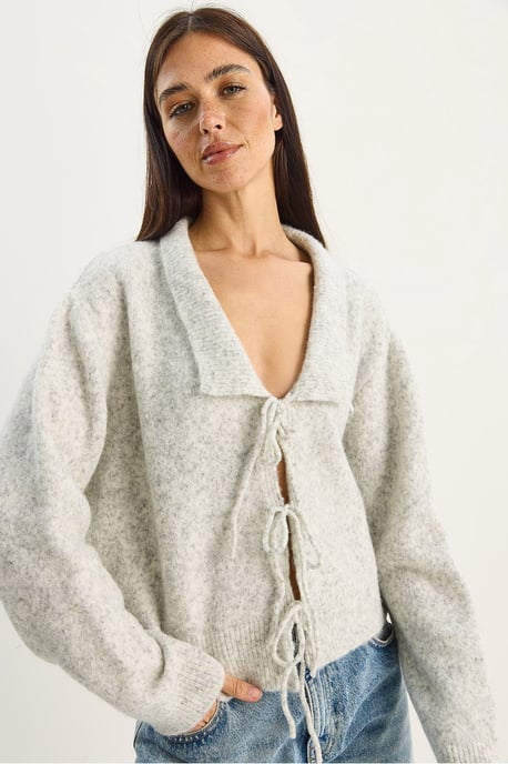 Übergroßer V-Ausschnitt Cardigan mit Krawattenverschluss und Rippstrick - Image 4