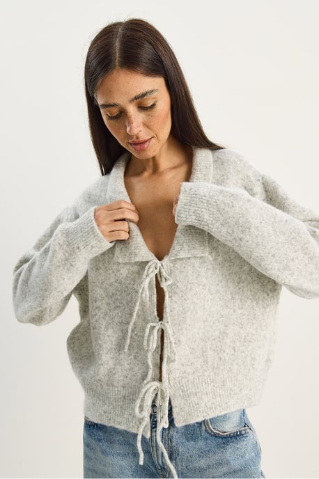 Übergroßer V-Ausschnitt Cardigan mit Krawattenverschluss und Rippstrick - Image 5