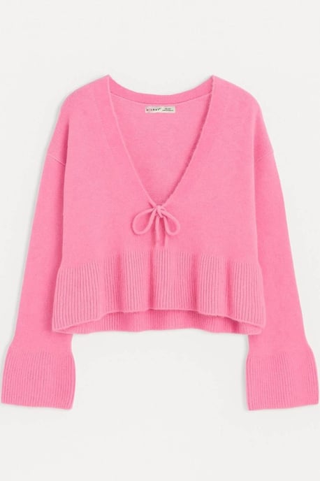 Knitpullover mit tiefem, detailliertem V-Ausschnitt und Rüschen - Image 5