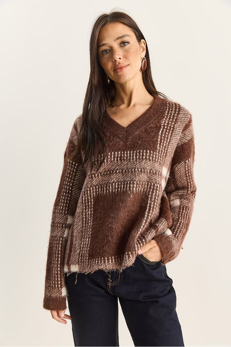 Kariertes V-Ausschnitt Langarm Strickpullover - Image 2