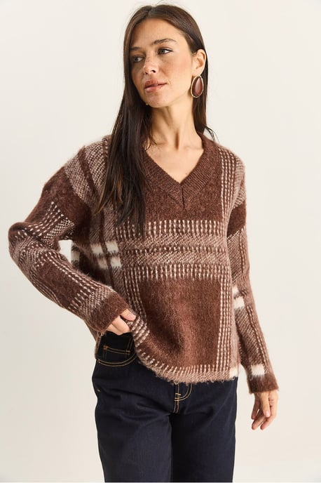 Kariertes V-Ausschnitt Langarm Strickpullover - Image 3