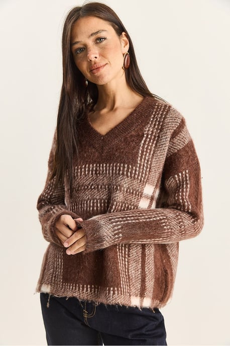 Kariertes V-Ausschnitt Langarm Strickpullover - Image 4