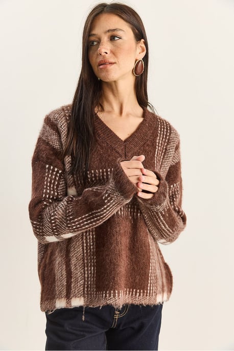 Kariertes V-Ausschnitt Langarm Strickpullover - Image 5