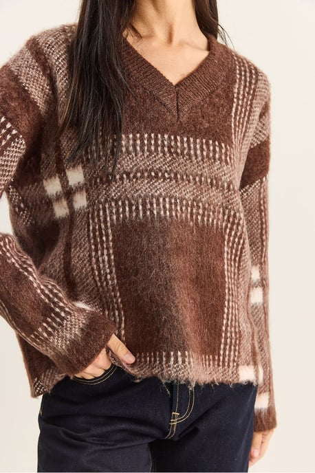 Kariertes V-Ausschnitt Langarm Strickpullover - Image 6
