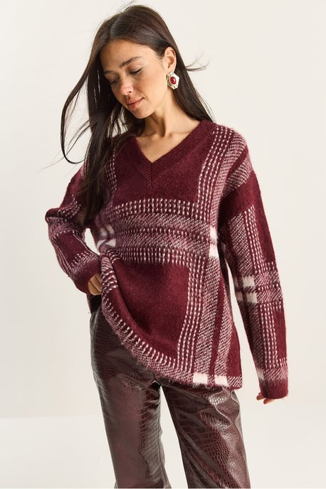 Kariertes V-Ausschnitt Langarm-Strickpullover - Image 3