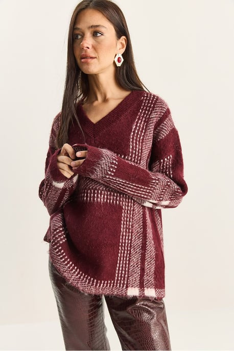 Kariertes V-Ausschnitt Langarm-Strickpullover - Image 4
