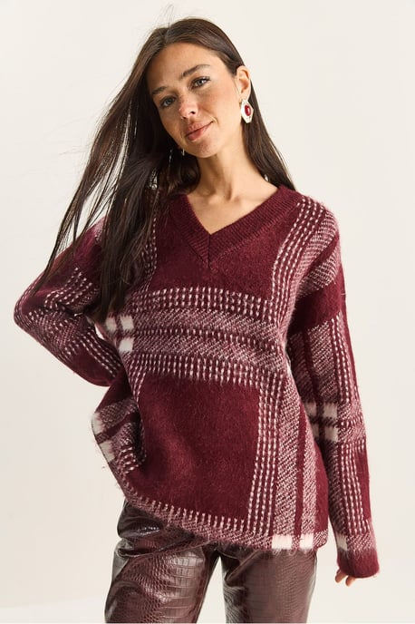 Kariertes V-Ausschnitt Langarm-Strickpullover - Image 5
