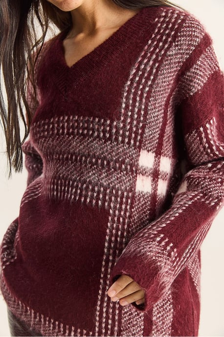 Kariertes V-Ausschnitt Langarm-Strickpullover - Image 6