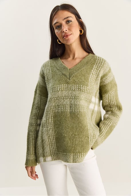 Karierter V-Ausschnitt Langarmstrickpullover - Image 2