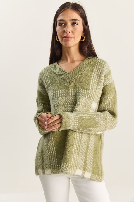 Karierter V-Ausschnitt Langarmstrickpullover - Image 3