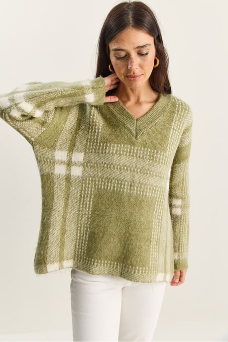 Karierter V-Ausschnitt Langarmstrickpullover - Image 4