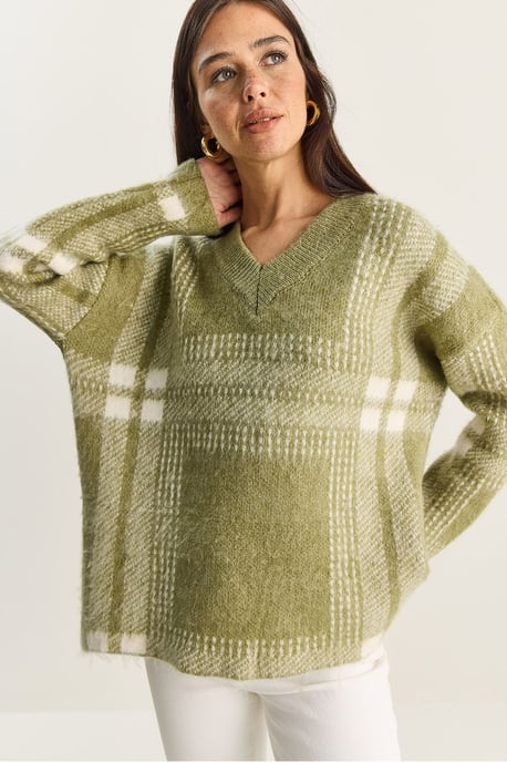 Karierter V-Ausschnitt Langarmstrickpullover - Image 5