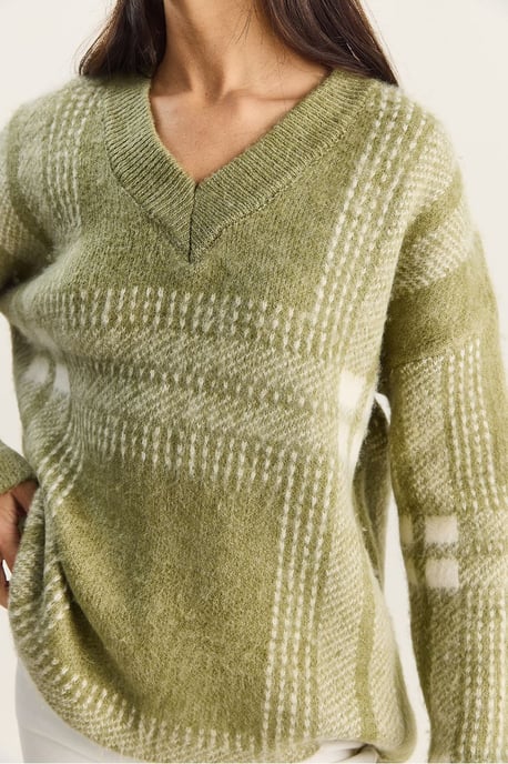 Karierter V-Ausschnitt Langarmstrickpullover - Image 6