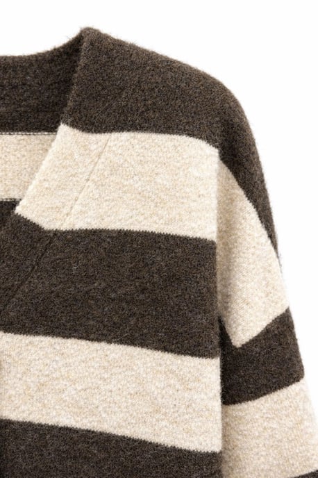 Gestreifter V-Ausschnitt Knopf-Front Strickcardigan - Image 2