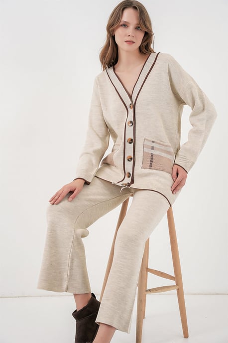 Taschen, detaillierter V-Ausschnitt Cardigan und weit geschnittene Hose Set - Image 1