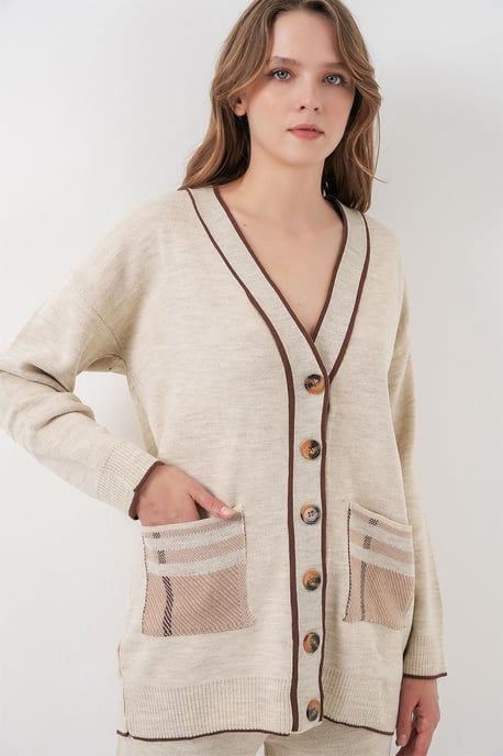 Taschen, detaillierter V-Ausschnitt Cardigan und weit geschnittene Hose Set - Image 3
