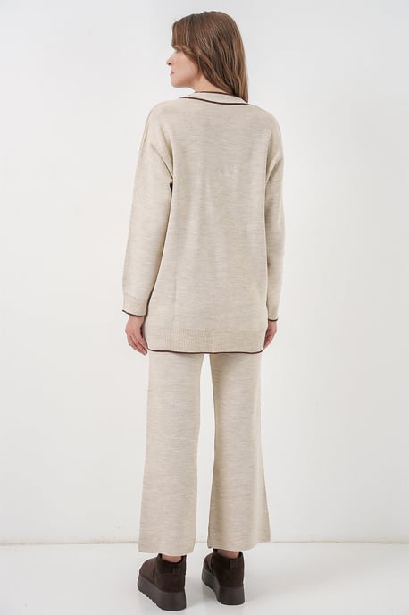 Taschen, detaillierter V-Ausschnitt Cardigan und weit geschnittene Hose Set - Image 5