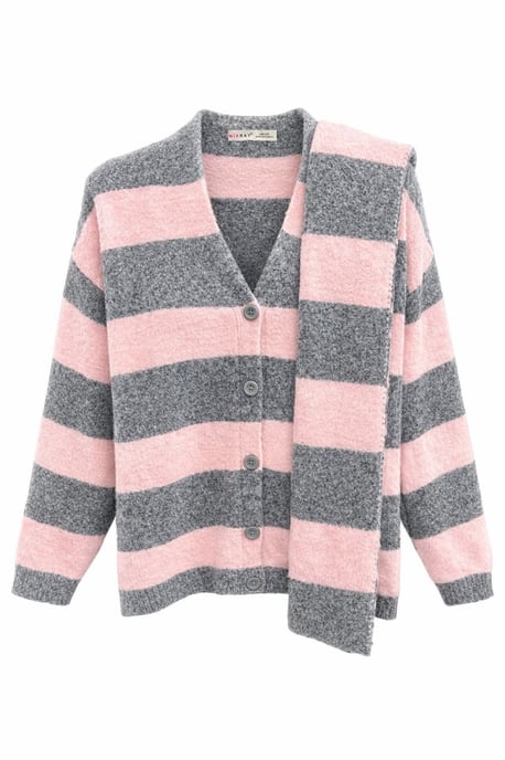 Gestreifter V-Ausschnitt Knopf-Front Strickcardigan - Image 1