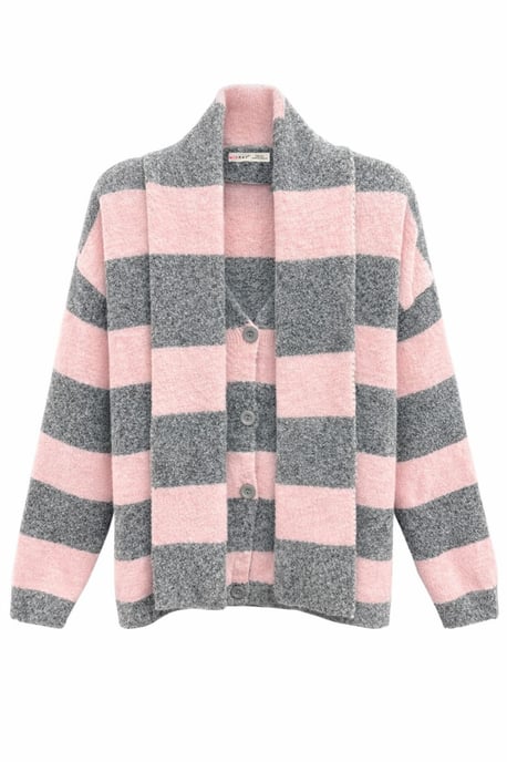 Gestreifter V-Ausschnitt Knopf-Front Strickcardigan - Image 2