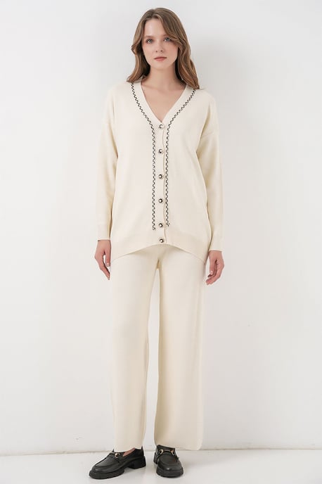 V-Ausschnitt Cardigan und Weit geschnittene Hose Set - Image 1