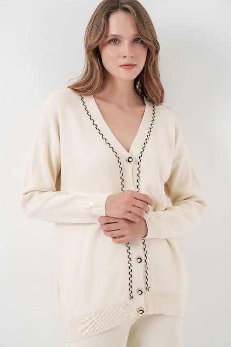 V-Ausschnitt Cardigan und Weit geschnittene Hose Set - Image 3